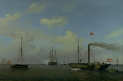 Den danska eskadern för ankar vid Warnemünde rhed. Deras Kungliga Högheter Kronprinsparet anländer med ångfartyget "Kiel" till skvadronen, och örlogsfartyget "Christian den åttonde" börjar salutera av Friedrich Theodore Kloss