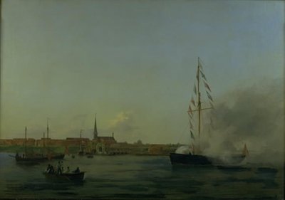 Hamnen i Nyborg. I förgrunden skäraren "Neptunus" av Friedrich Theodore Kloss
