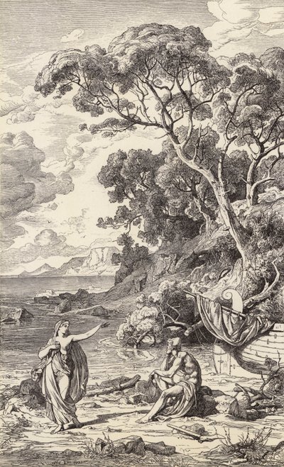 Odysseus och Kalypso (gravyr) av Friedrich the Elder Preller