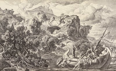 Odysseus lämnar cyklopernas ö (gravyr) av Friedrich the Elder Preller