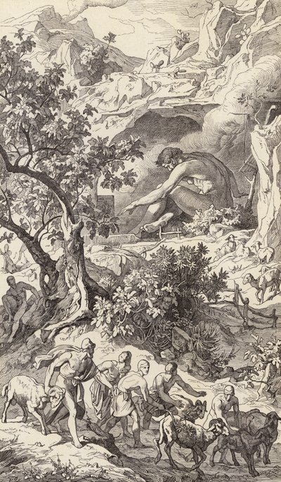 Odysseus passerar Polyfemos grotta (gravyr) av Friedrich the Elder Preller