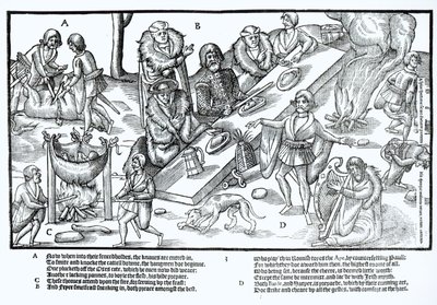 Hövding över Mac Sweynes sittande vid middag och underhållen av en bard och en harpspelare, plansch 3 från "The Image of Ireland" av John Derricke av Friedrich van Hulsen