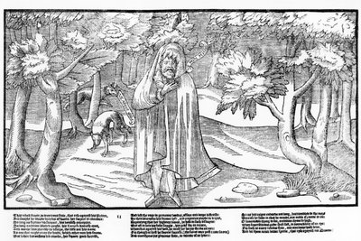 Rorie Oge, en vild kerne och besegrad rebell, i skogen med vargar som sällskap, plansch 11 från "The Image of Ireland" av John Derricke av Friedrich van Hulsen
