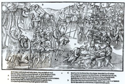 Den irländske hövdingen får prästens välsignelse innan han ger sig av för att slåss mot engelsmännen, som visas i full rustning, tavla 4 från "The Image of Ireland" av John Derricke, 1581. av Friedrich van Hulsen