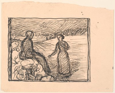 Ute i snön satt en kvinna i långa svarta kläder... av Fritz Syberg