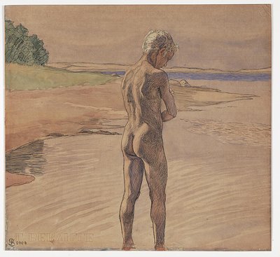 Hans stående i vattnet. Motiv från Fyns Hoved av Fritz Syberg