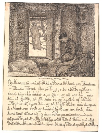 Och mamman tittade ner i hennes knä, och tårarna rann ner för hennes kinder... av Fritz Syberg