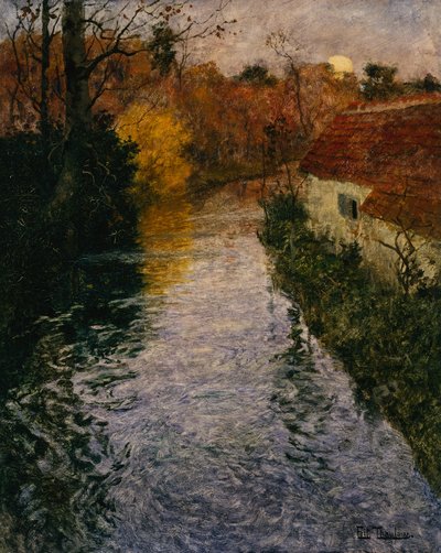 Ett flodlandskap med en stuga på hösten (olja på duk) av Fritz Thaulow