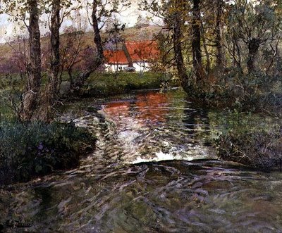 Byggnad vid floden av Fritz Thaulow