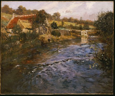Flodlandskap med en tvättkvinna av Frits Thaulow