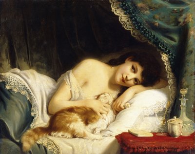 En liggande skönhet med sin katt, av Fritz Zuber Buhler