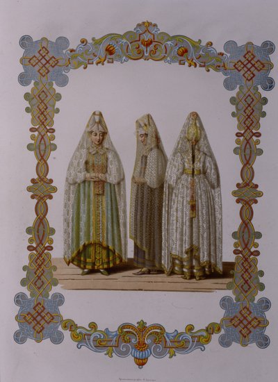 Maidens kostymer från Torzhok Från serien Clothing of the Russian State, 1851 av Fyodor Grigoryevich Solntsev