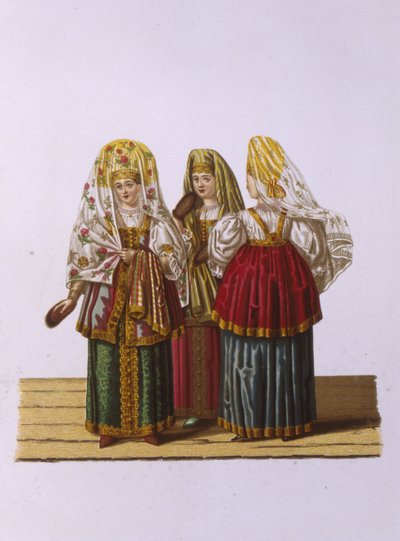 Dräkter av kvinnor och jungfrur från Tver Från serien Clothing of the Russian State, 1851 av Fyodor Grigoryevich Solntsev