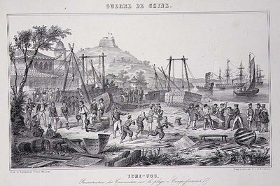 Återmontering av kanonbåtar på stranden i Tche-Fou, från "The War in China" av G.C. de Fortavion