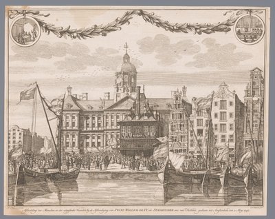 Folkmassa på Dam-torget i Amsterdam firar Willem IV:s proklamation som stadhållare Skildring av folket och av flaggorna som avfyrades vid proklamationen av prins William IV som stadhållare etc. av Holland, utförd till Amsterdam den 2 maj 1747 (titel på o. av G.J. Marstaller