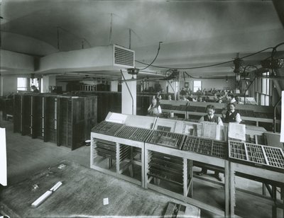 New York Evening Post Type-Setting Room (gelatin-silverfoto) av G.P. Hall und Sohn