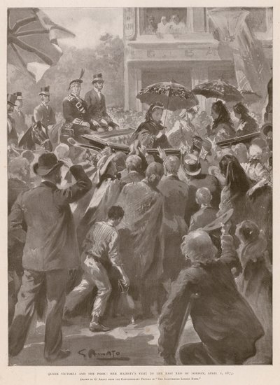 Drottning Victoria och de fattiga: Drottningen besöker Londons östra änd, 2 april 1873 (fotogravyr) av G.S. (after) Amato
