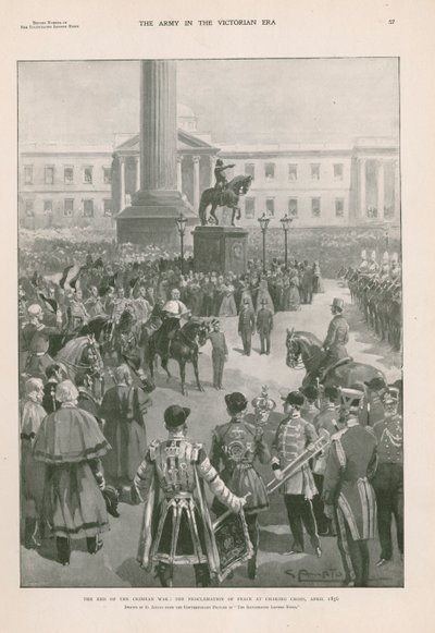 Slutet på Krimkriget: fredsförklaring vid Charing Cross, London, april 1856 (fotogravyr) av G.S. (after) Amato
