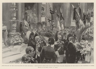 Årsdagen av mordet på kung Humbert, deputationer från de italienska provinserna placerar kransar på graven i Pantheon i Rom av G.S. Amato