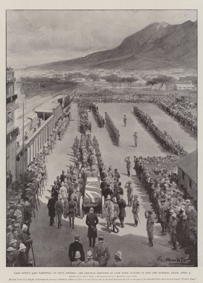 Kapstadens sista farväl till Cecil Rhodes, Cortege som anländer till Kapstadens station för att gå med i begravningståget, 3 april av G.S. Amato