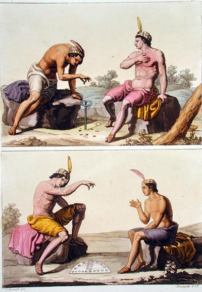Indianer som spelar Queciu (överst) och Porotos (nederst), Chile, från 