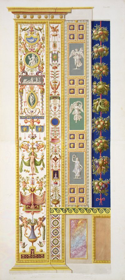 Panel från Rafaels loggia i Vatikanen, från "Delle Loggie di Rafaele nel Vaticano", graverad av Giovanni Ottaviani (ca 1735-1808), publicerad ca 1772-77 (handkolorerad gravyr). av G. and Camporesi P. Savorelli