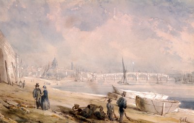Themsen vid lågvatten och Blackfriars Bridge, London, 1847 av G Chaumont