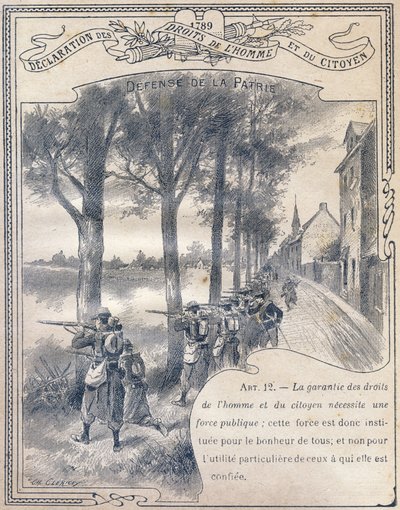 1789: Förklaring om människors och medborgares rättigheter: Fosterlandets försvar. Gravyr i "Den unika boken om etik och medborgerlig undervisning, avsedd för elever i de tre kurserna i grundskolan och de i grundklasserna på Lycees and Colleges, D av G. Dascher