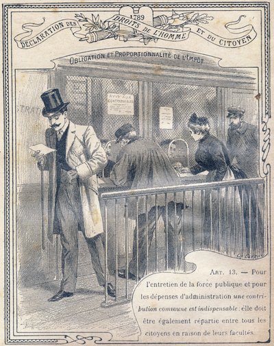 1789: Deklaration om människans och medborgarens rättigheter : Skattens skyldighet och proportionalitet. Gravyr i "Le livre unique de morale et d