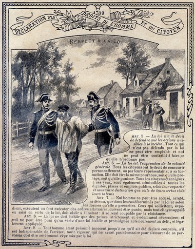 1789: Deklaration om människans och medborgarens rättigheter : Respekt för lagen . Gravyr i "Le livre unique de morale et d