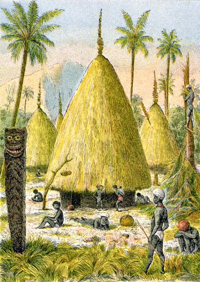 Byn Canaque i Nya Kaledonien, ca 1900-1910 (illustration) av G. Dascher