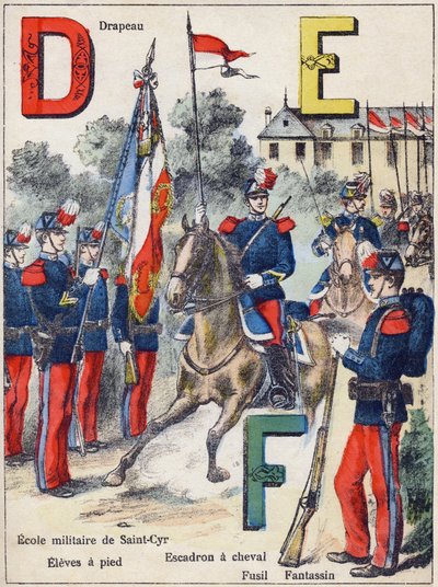 Bokstäver D E F: Flagga, Military School of Saint-Cyr (Saint Cyr), Eleves till fots, Horse Squadron, Rifle and Fantassin, c.1900 (litografi) av G. Dascher