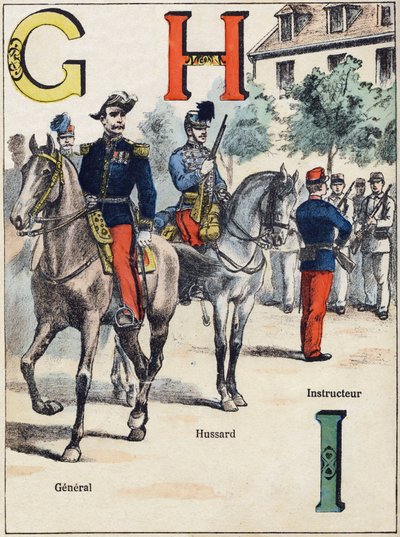 Tusi G H I: General, Hussard ma le Faiaoga. Tusia i le "Alphabet militaire", Grand-Bebe faasologa. togitogiga. Pont-a-Mousson ata. Louis Vagne, Lomitusi-Lomitusi, pe tusa o le 1900. Ata na tusia e G. Dascher. 20 itulau. Fufulu: 31,5x24,5cmswed av G. Dascher