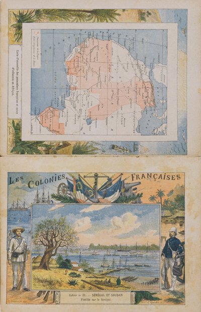 Karta över franska besittningar och inflytelsesfärer i Afrika och en vy över floden Senegal, omslag till en skolbok, slutet av 1800-talet (färggravyr) av G. Dascher