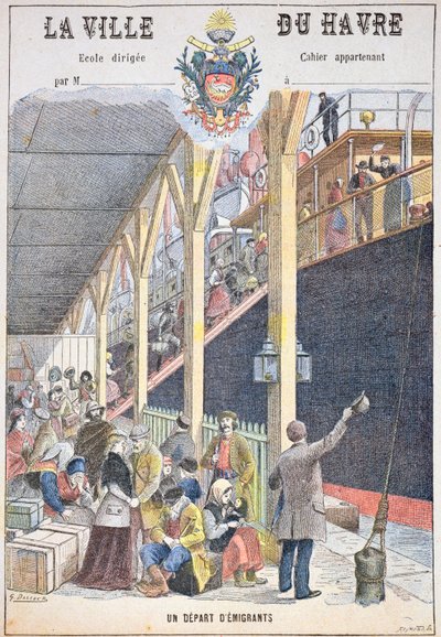Emigranternas avgång från Le Havre, framsidan av en skolbok av G. Dascher