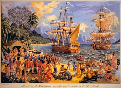 Jean Francois Galaup de Laperouse välkomnas av invånarna på Mawee Island på Sandwichöarna i Stilla havet (färg litho) av G. Delcausse