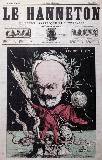 Karikatyr av Victor Hugo (1802-85) som Zeus i exil på Guernsey från framsidan av Le Hanneton, juni 1867 av G. Deloyoti