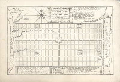 Den första planen för Philadelphia, utarbetad av William Penn och Thomas Holme 1682, 1684 av G. Drogenham