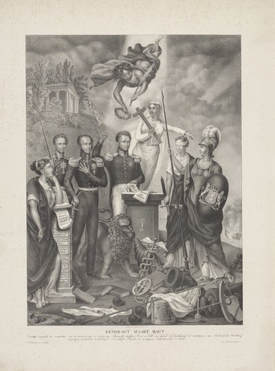 Allegori om förbundet mellan prins och folk, 1832 Eendragt gör Magt / Zinnebeeldig presenterad till minne av den ärorika och generösa Eendracht mellan Prince and People i syfte att upprätthålla och försvara nederländska rättigheter (titel o av G. Havius Zanders