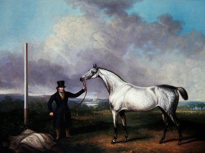 Gentleman som håller en grå kapplöpningshäst på en bana (olja på duk) av G. Jackson