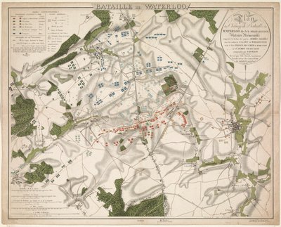 Karta av de Slag bij Waterloo, 1815 Battle of Waterloo / Plan av Battlefield of Waterloo kallad Belle-Alliance. Minnesvärd seger vann den 18 juni 1815 av de allierade arméerna (...) (titel på objekt) av G. Jacowick