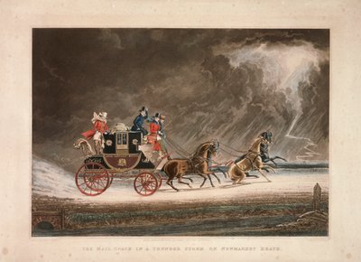 Postvagnen i ett åskväder på Newmarket Heath, Suffolk, 1827. av G Reeves