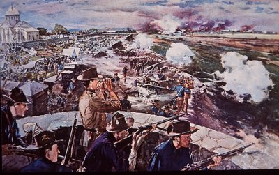 Spansk-amerikanska kriget 1898, amerikanskt artilleri i aktion i Filippinerna (akvarell på papper) av G. W. Peters