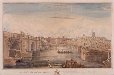 London Bridge gammal och ny, London, 1827 av G Yates