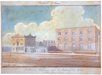 St Saviours arbetshus och Rockingham Arms Inn, New Kent Road, Southwark, London, 1825 av G Yates
