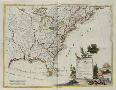 Kanada, de engelska kolonierna med Louisiana och Florida, gravyr av G. Zuliani hämtad från Tome I of the Newest Atlas publicerad i Venedig 1778 av Antonio Zatta, Privat samling av G. Zuliani
