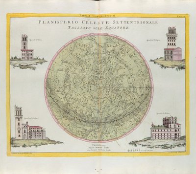 Kosmografisk tabell över den norra himmelska planisfären skuren vid ekvatorn, gravyr av G. Zuliani hämtad från Tome I of the Newest Atlas publicerad i Venedig 1777 av Antonio Zatta av G. Zuliani