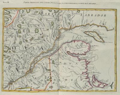 Östra delen av Kanada, norra Nova Scotia och en del av Labrador, gravyr av G. Zuliani hämtad från Tome I av "Newest Atlas" publicerad i Venedig 1778 av Antonio Zatta, Privat samling av G. Zuliani