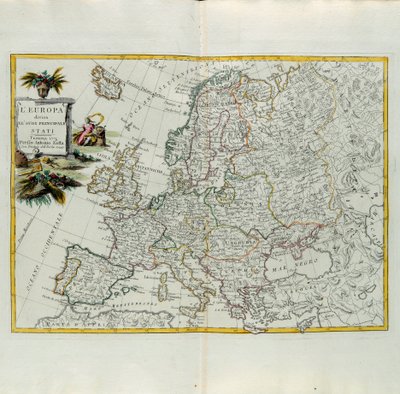 Europa uppdelat i sina huvudstater, gravyr av G. Zuliani hämtad från Tome I of the Newest Atlas publicerad i Venedig 1776 av Antonio Zatta, Privat samling av G. Zuliani