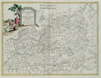 Extremadura och Castilla la Nueva, gravyr av G. Zuliani hämtad från Tome I of the Newest Atlas publicerad i Venedig 1776 av Antonio Zatta, Privat samling av G. Zuliani